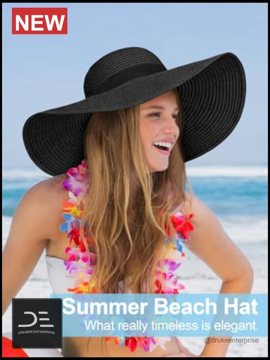 Oversize Wide Brim Straw Beach Hat Floppy Foldable Roll-Up UPF 50+